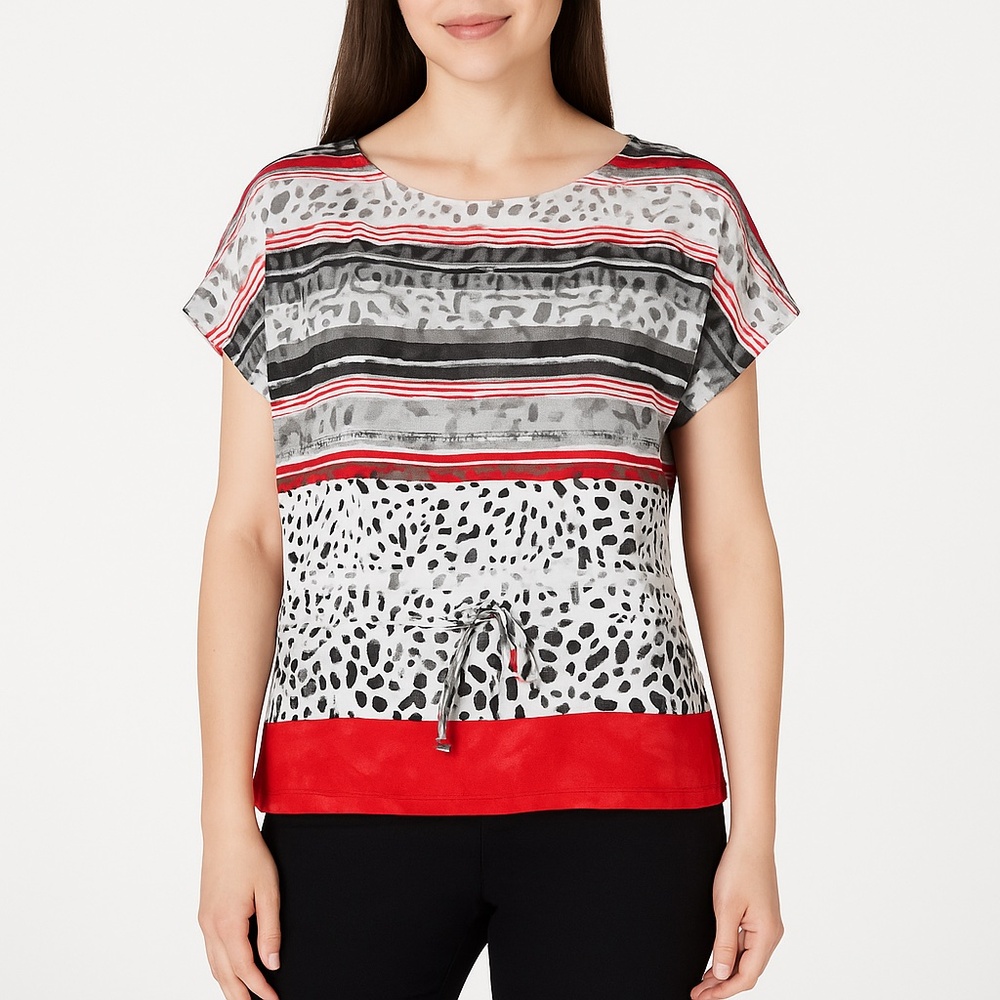 RUBY RD Petite Animal Print Striped Blouse Drawstring Waist PS